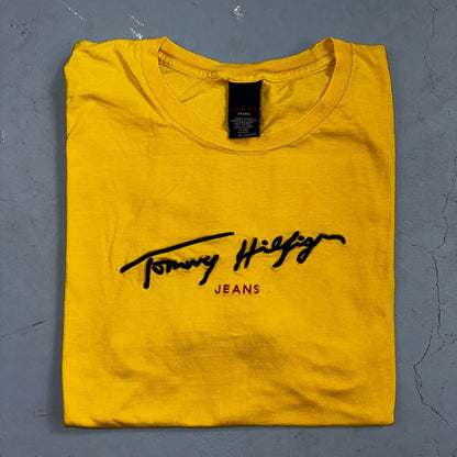 Tommy Hilfiger Jeans VTG T Shirt 90s Y2K Yellow Basic Big Logo Artist Music Band