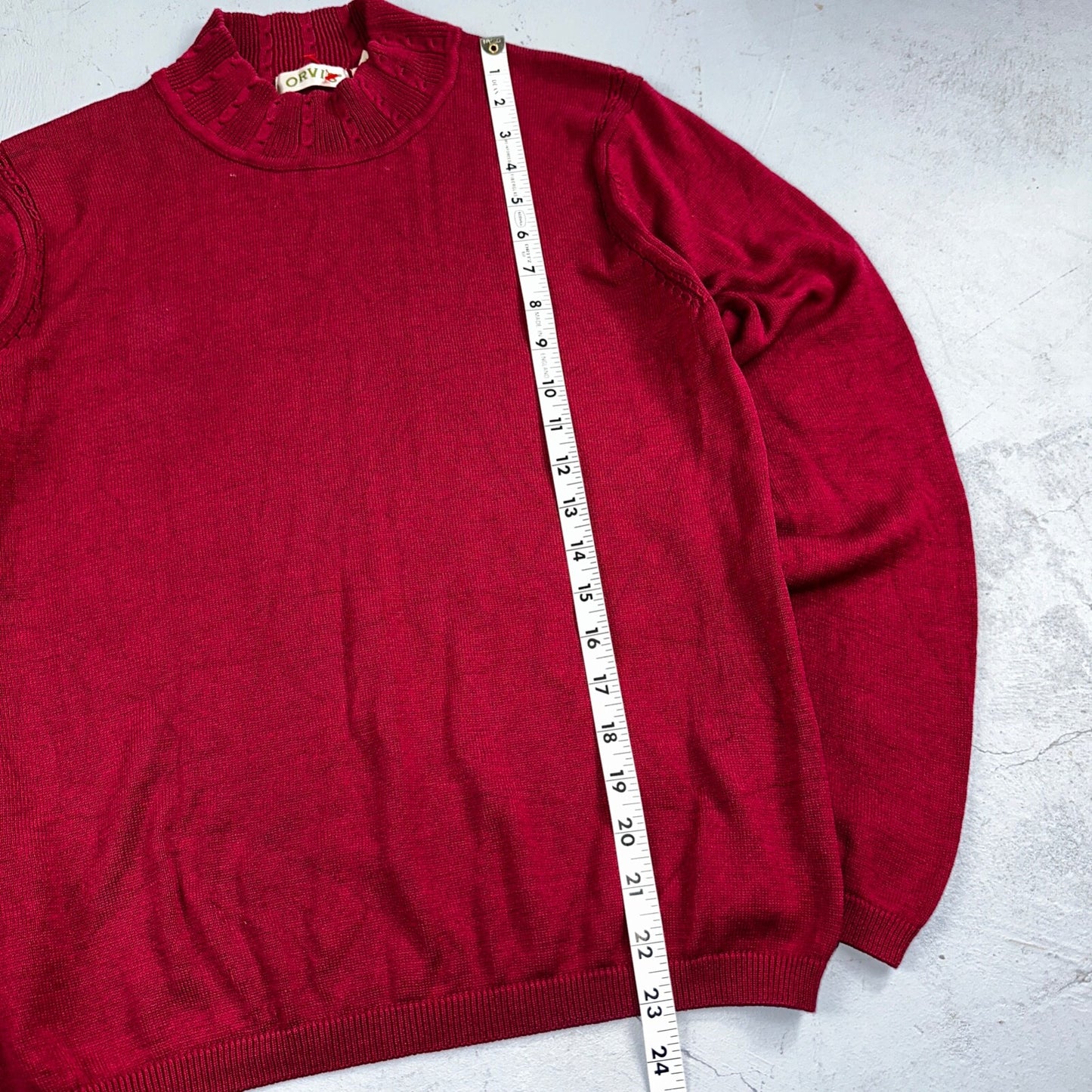 Orvis 100% Silk Pullover Red Mock Neck Sweater Women’s M Cable Knit Accent