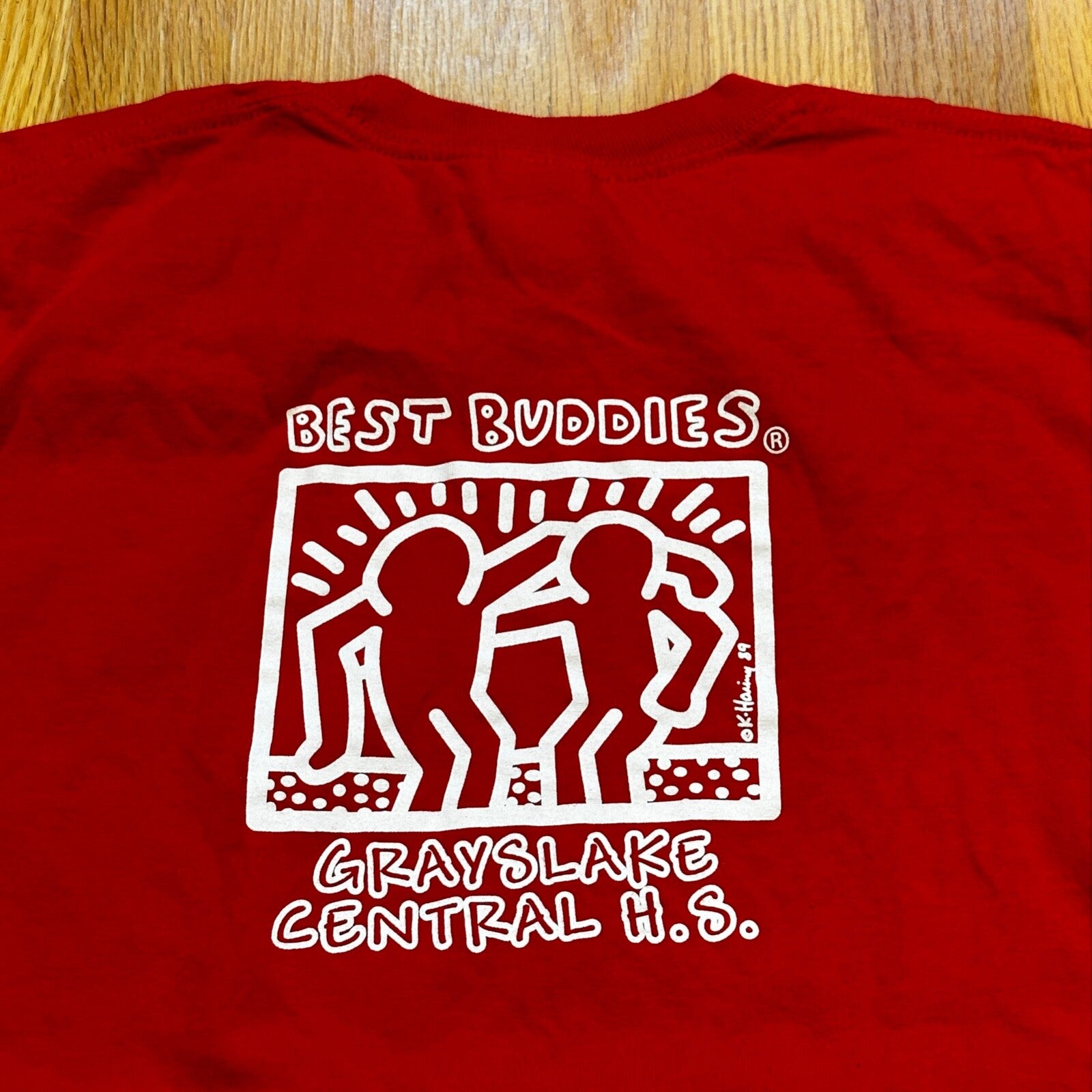 Keith Harring Best Buddies Print Vintage Style T Shirt Long Sleeve Red I SEE YOU