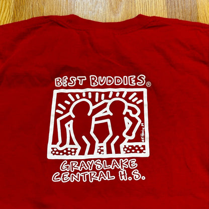 Keith Harring Best Buddies Print Vintage Style T Shirt Long Sleeve Red I SEE YOU