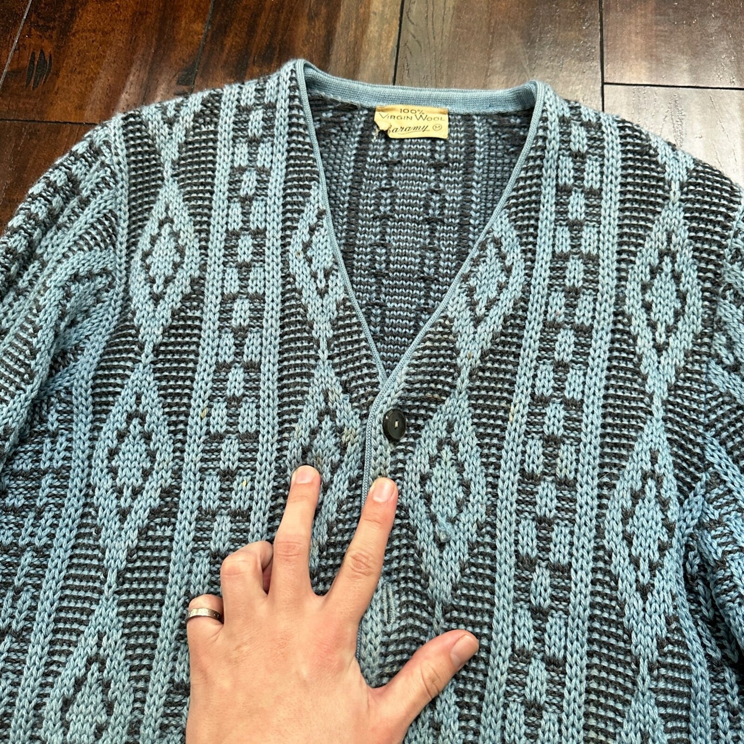 VTG RARE Caramy Cardigan Mens M Blue 1970s Corduroy Wool Button Up Aztec