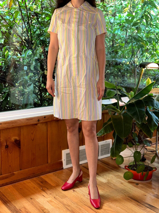 VTG 1970s Shirt Dress Grandmacore Cottagecore Casual Rockabilly Striped Cute