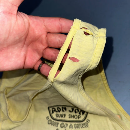 VTG 90s Ron Jons Surf Shop Tank Shirt Yellow Shark Ski Doo Cartoon USA Hot Girl