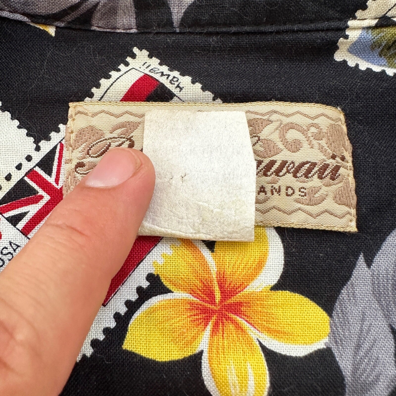 Vintage 80s Blue Hawaii Button Up Shirt Mens XL Ukulele Palms Hawaiian Stamps