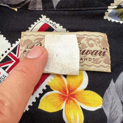 Vintage 80s Blue Hawaii Button Up Shirt Mens XL Ukulele Palms Hawaiian Stamps