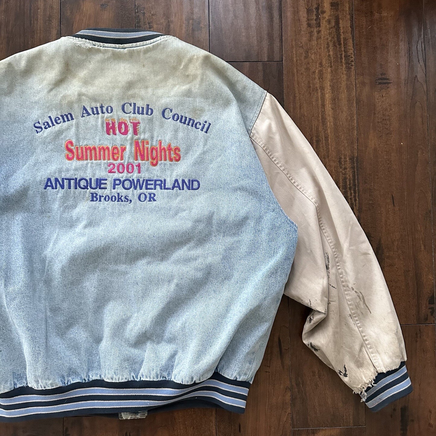 Vintage Oregon 90s Denim Varsity Jacket Bomber Salem Auto NASCAR Racing Thrashed