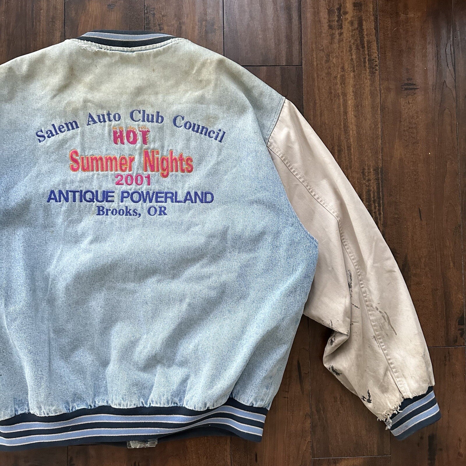 Vintage Oregon 90s Denim Varsity Jacket Bomber Salem Auto NASCAR Racing Thrashed