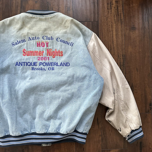 Vintage Oregon 90s Denim Varsity Jacket Bomber Salem Auto NASCAR Racing Thrashed