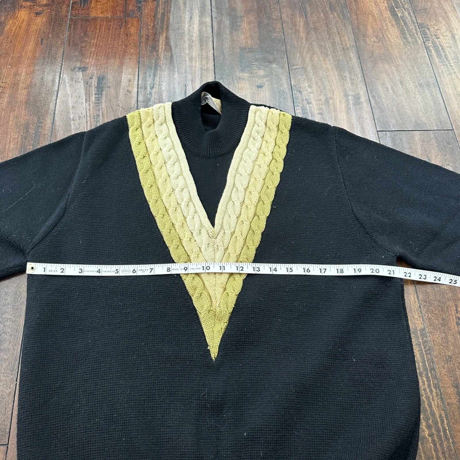 VTG Damon Sweater Mens L Black Gold Neck Wool Italy True 60s 70s RARE Stripe