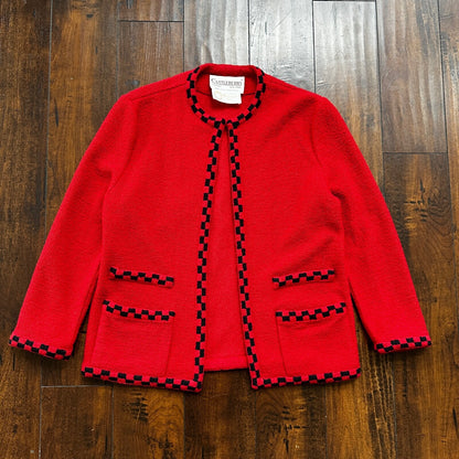 VTG Castleberry Womens Knit Cardigan Blazer Jacket Red Checkerboard Cute Grandma