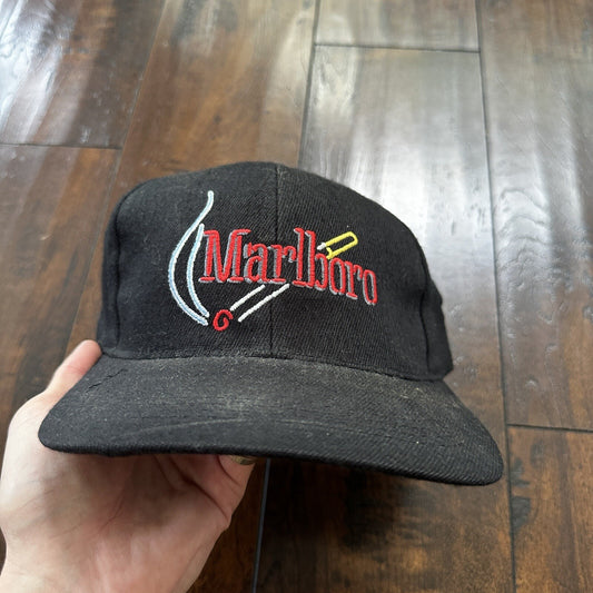 Vintage Marlboro Gear Cigarette Logo 1994 leather Strap Back Hat Cap Black Tags