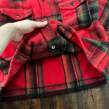 Vtg 60s Rockabilly Grunge Mens Double Pocket Plaid Flannel Shirt Jac 1960s Red
