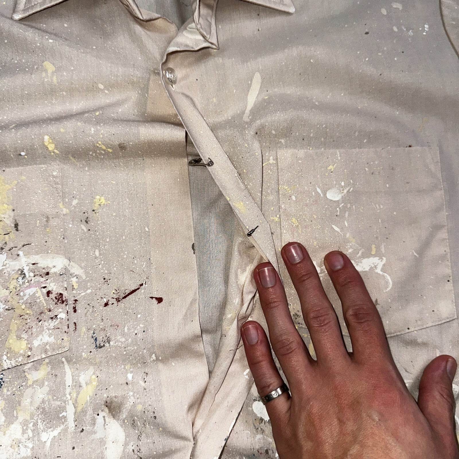 VTG 60s 70s Paint Stained Sears Perma Prest Short Sleeve Camp Shirt 16 Thrashed