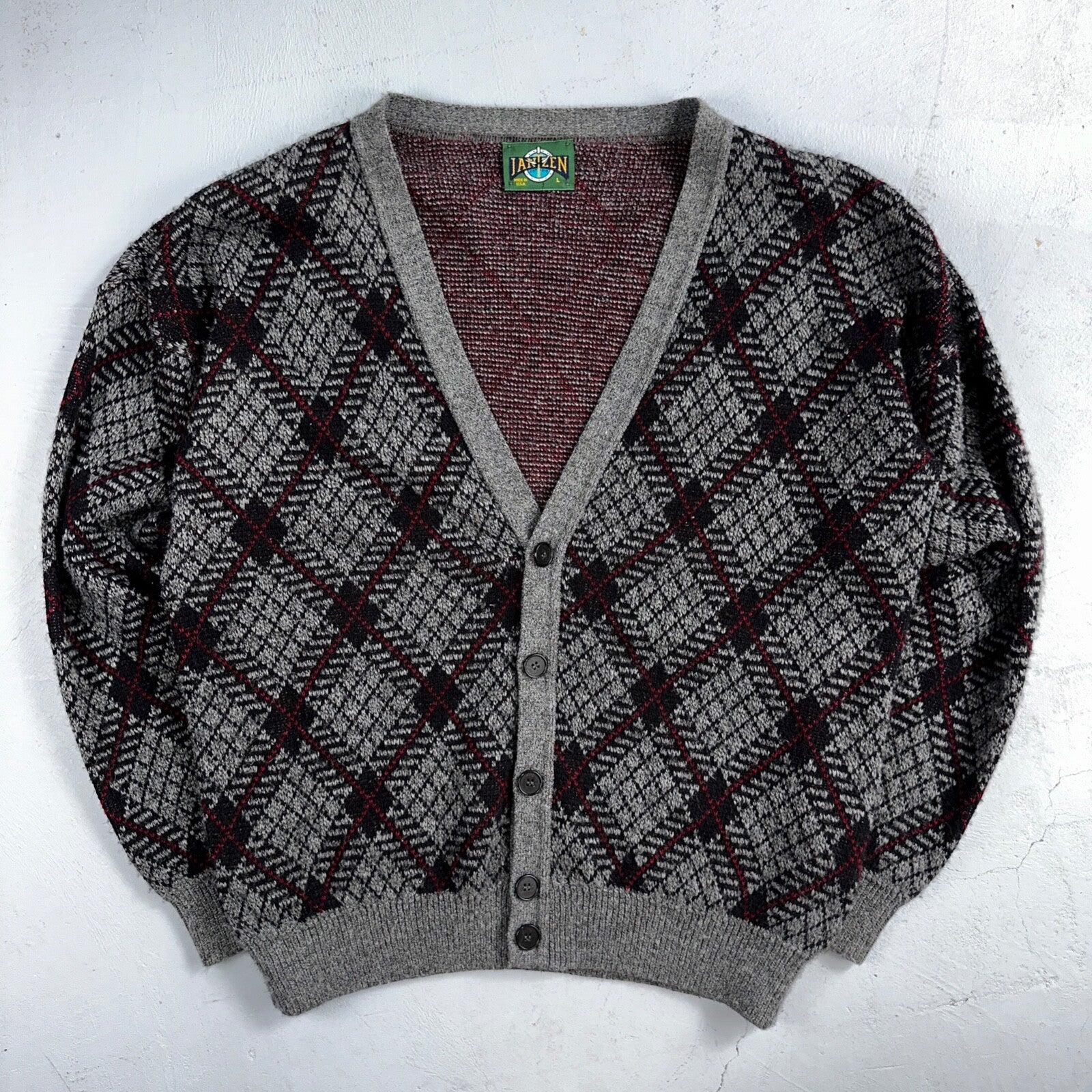 Jantzen VTG Sweater Abstract Cardigan Grandpa Argyle Knit Mens Large V Neck