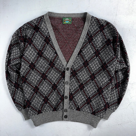 Jantzen VTG Sweater Abstract Cardigan Grandpa Argyle Knit Mens Large V Neck