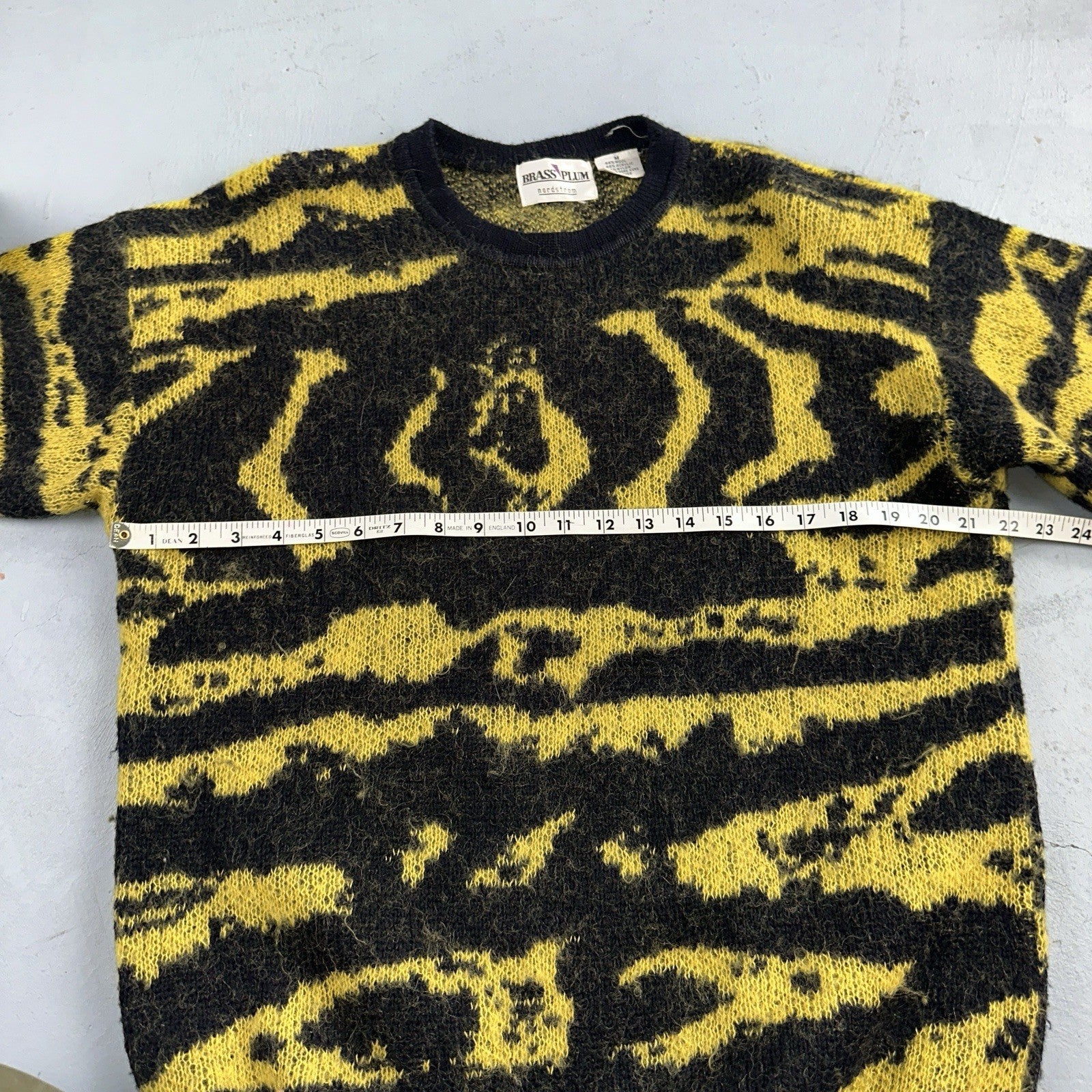 Vintage Nordstrom Brass Plum Nordic Yellow Black Wool Sweater M 80s Retro