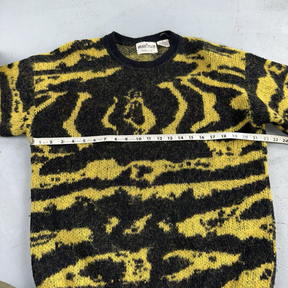 Vintage Nordstrom Brass Plum Nordic Yellow Black Wool Sweater M 80s Retro