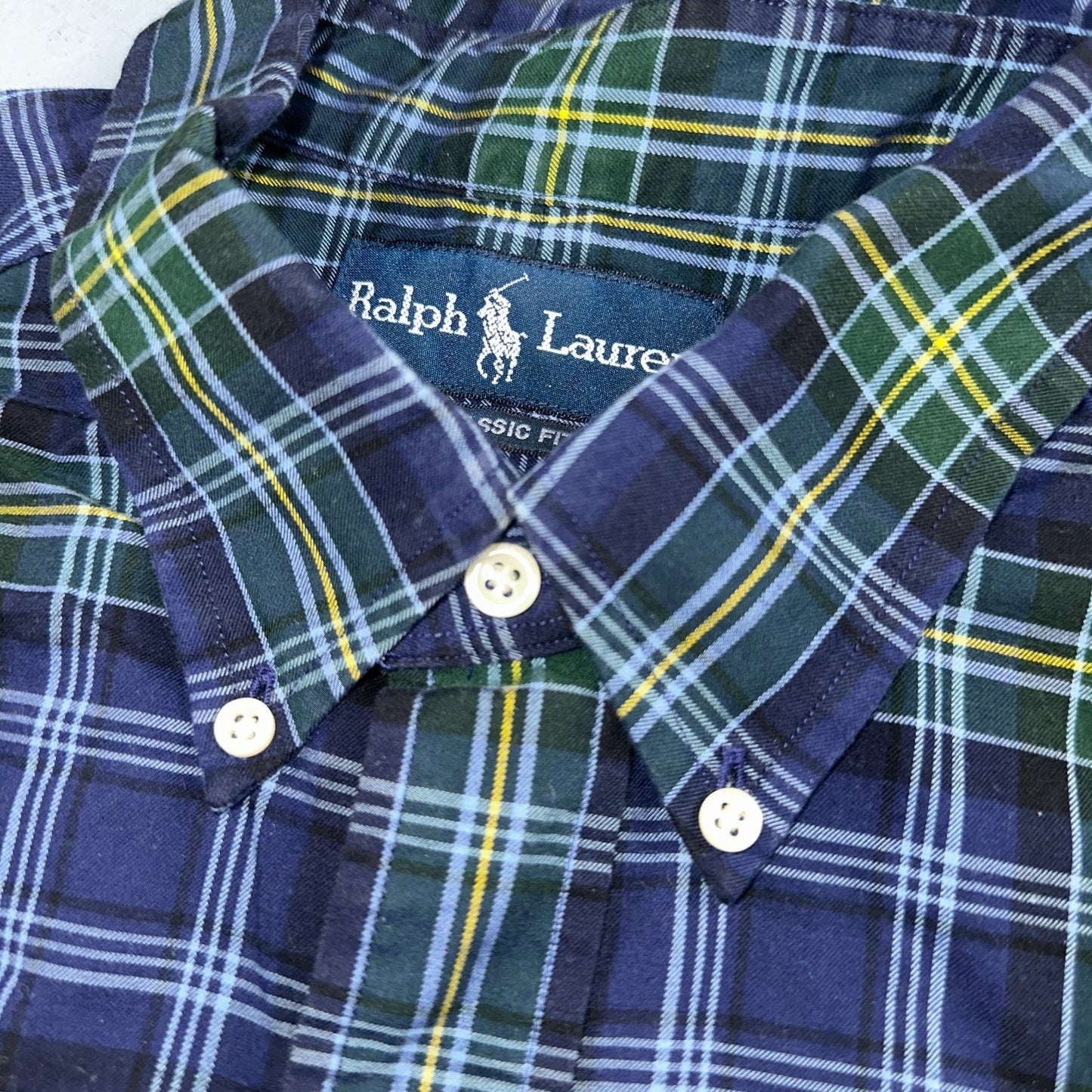 Ralph Lauren Button Up Shirt Men’s Large L Blue Green Yellow Plaid Long Sleeves