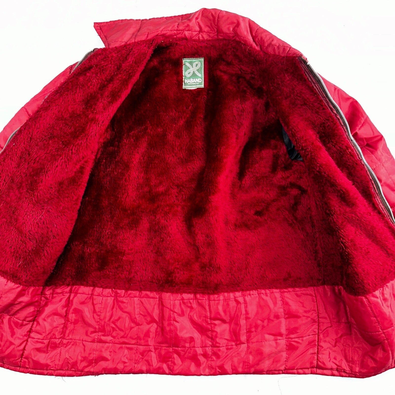 Haband Jacket Mens Red Barn Chore Puffer Coat Hood Zip Up Scovill 70s Fur Lined
