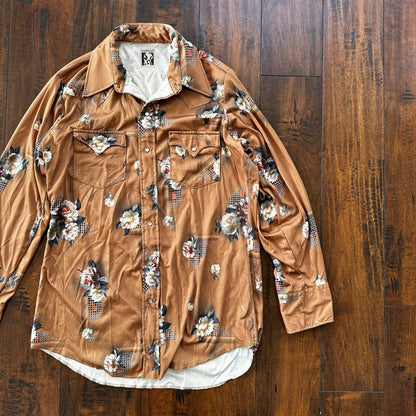 VTG 80s Karman Plaid Shirt Mens Extra Long Tail Pearl Snap Button Up Poly