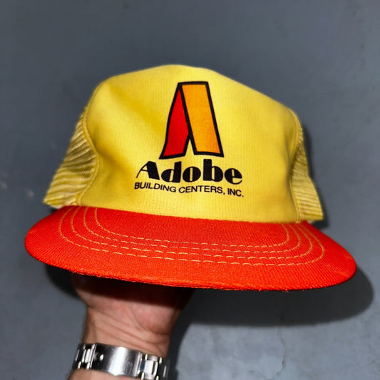 Vintage Adobe Building Centers Hat Yellow Red Mesh Snapback Trucker Cap 70s 80s
