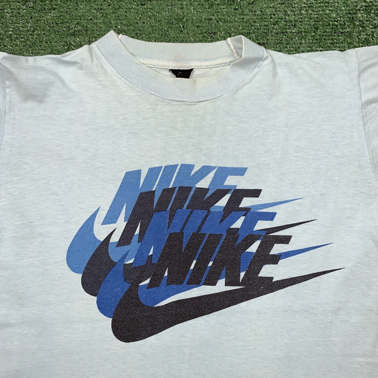 Nike Vintage T Shirt Mens M 70s Quad Swoosh Center OG 80s Blue Heavy Rare Stack