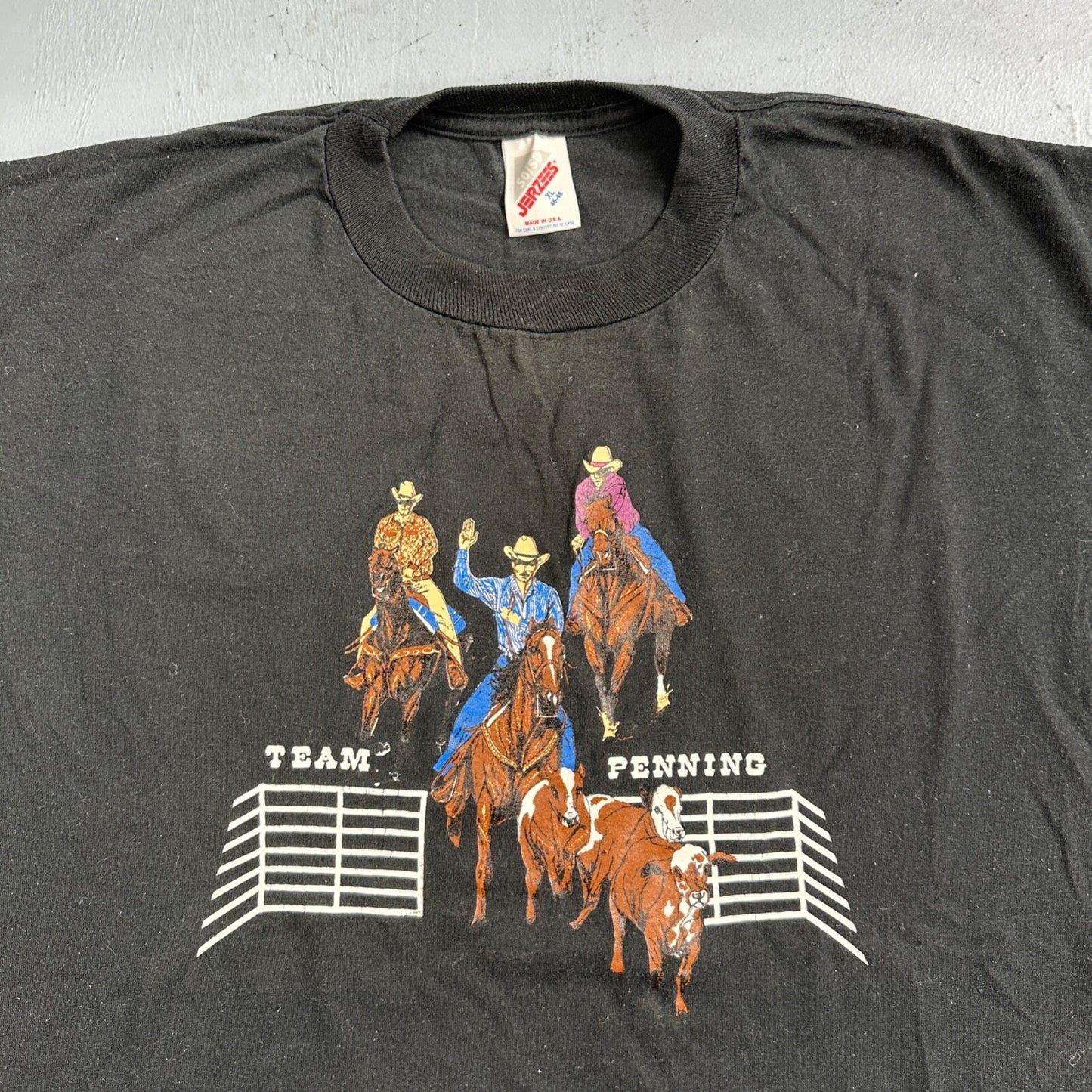 Horses Cowboy VTG T Shirt Team Penning Cows Farm America Jerzees XL Black USA
