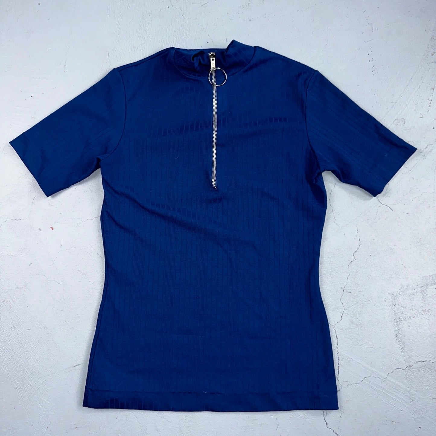 VTG 70s Womens M Sweater Blue Cozy Knit Pullover Short Sleeve High Rockabilly