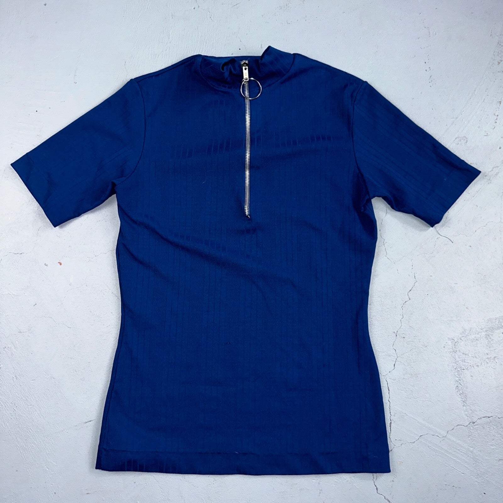 VTG 70s Womens M Sweater Blue Cozy Knit Pullover Short Sleeve High Rockabilly