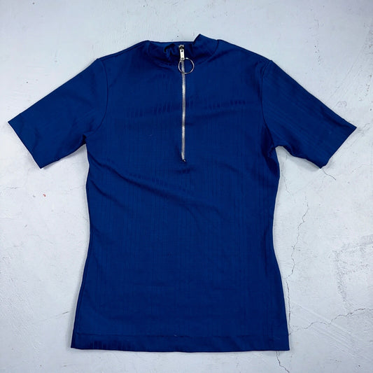 VTG 70s Womens M Sweater Blue Cozy Knit Pullover Short Sleeve High Rockabilly