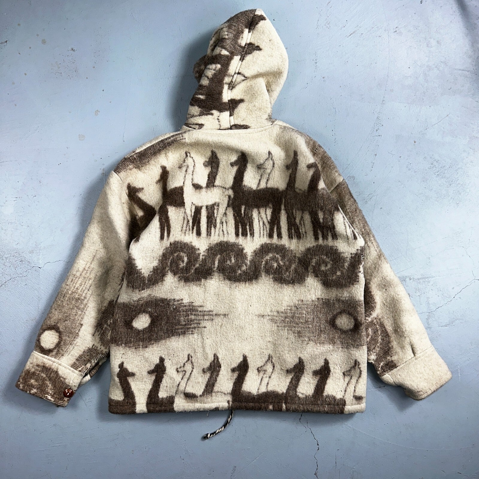 1970s Wool Lama Bird Coat Mens Jacket Size L Sweater Button Up 70s Rockabilly