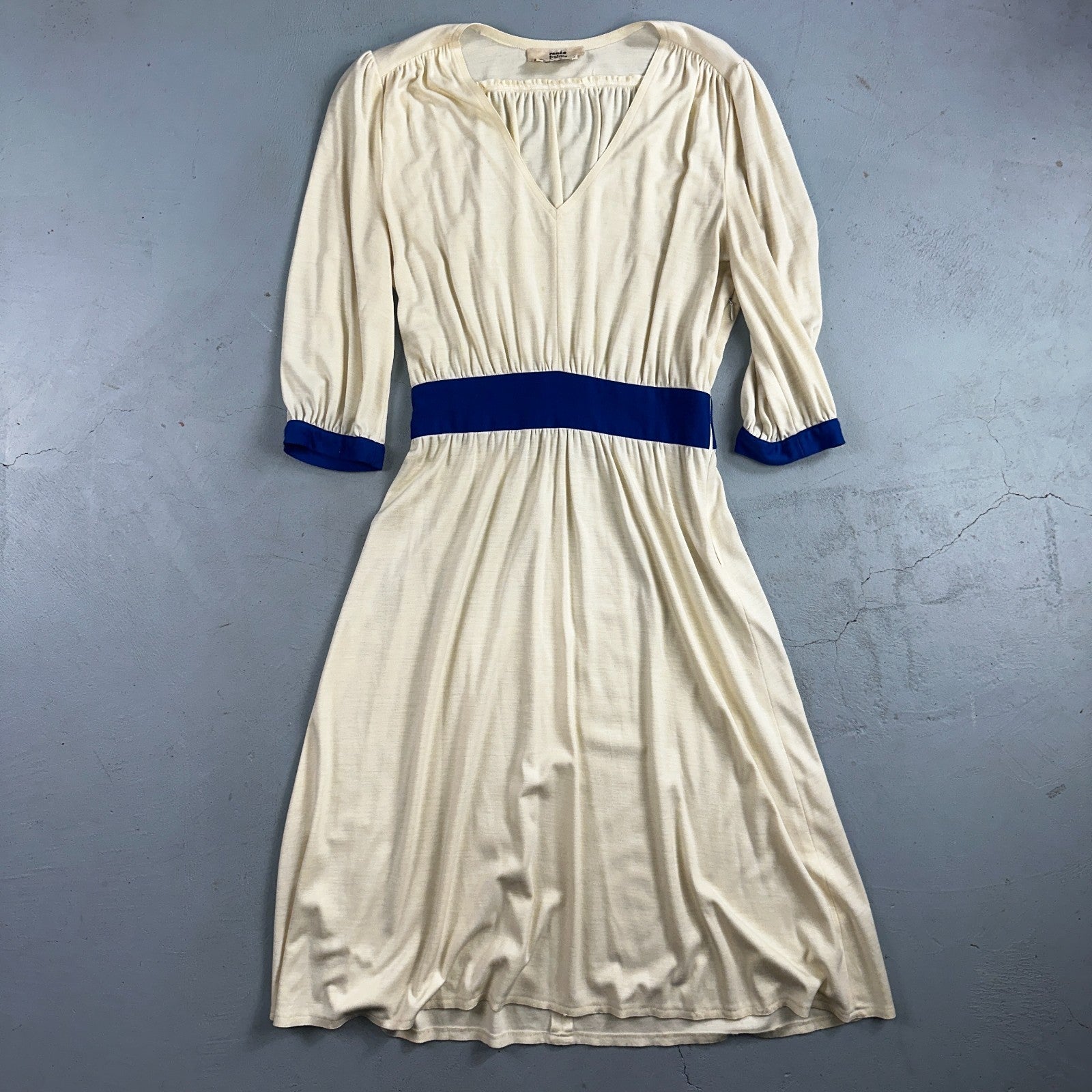 Vintage René Helga Howie Cream Midi Dress Blue Trim V-Neck 3/4 Sleeve Boho 70s