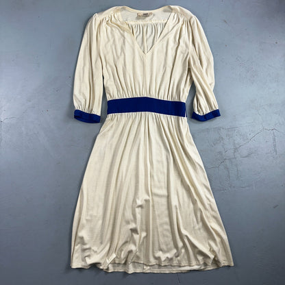 Vintage René Helga Howie Cream Midi Dress Blue Trim V-Neck 3/4 Sleeve Boho 70s