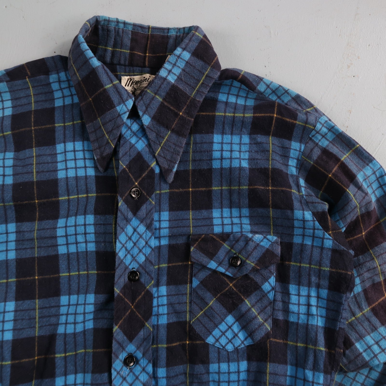 VTG 1970s Men's L Blue Flannel Shirt Black Ribbed Ricky Monzini USA Rockabilly