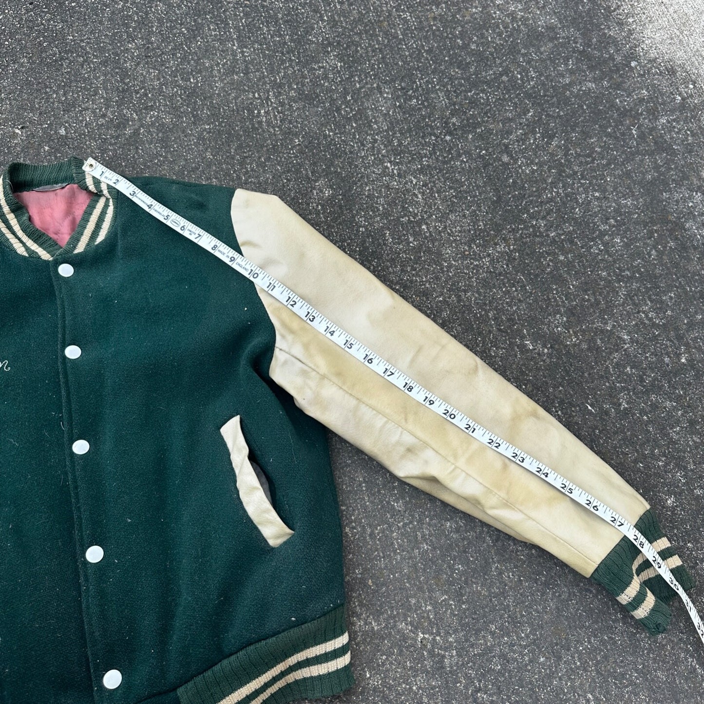 Vintage Letterman Jacket Green White Leather Wool TOM Named Simple Basic 1960s