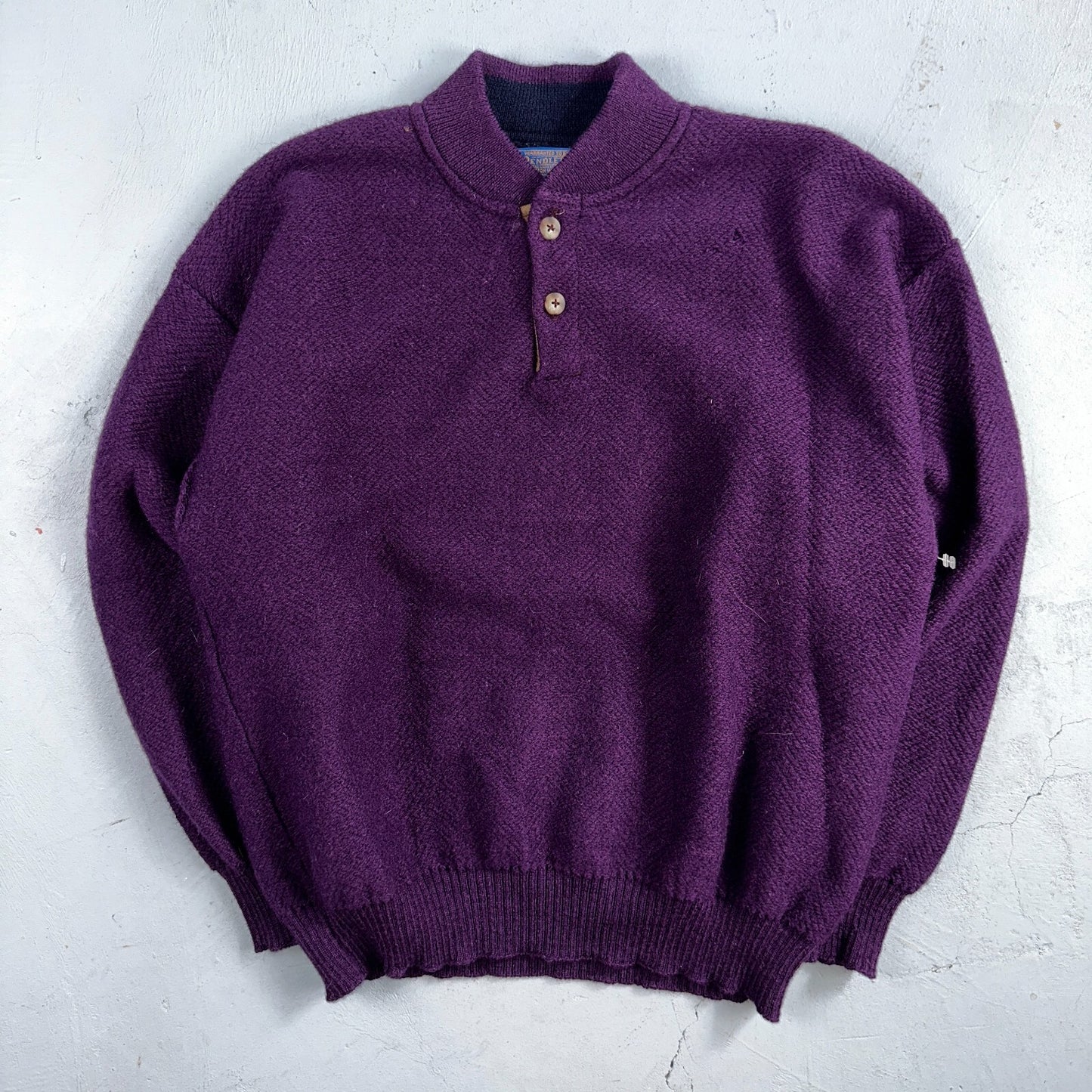Pendleton 80s Vintage Henry Neck Sweater Elbow Patch Mens Size XL Wool Purple