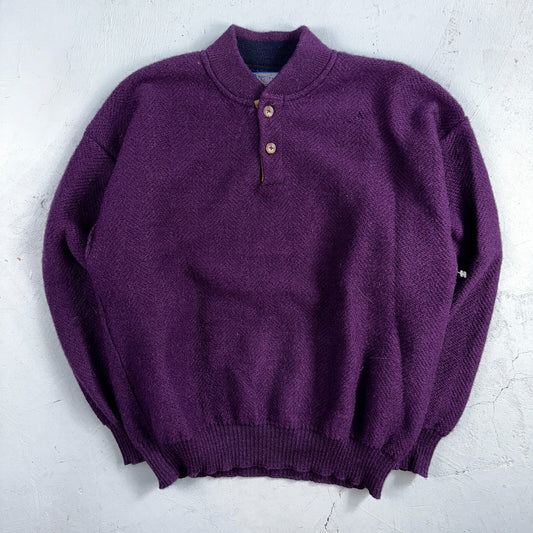 Pendleton 80s Vintage Henry Neck Sweater Elbow Patch Mens Size XL Wool Purple