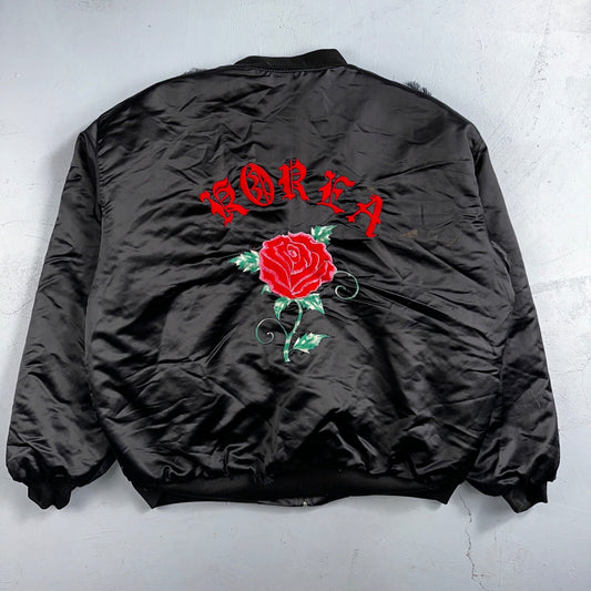 Vintage Satin Korea Rose Band Jacket Size XL Made In USA Souvenir Bomber