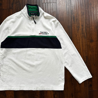 Nautica Classic White Striped Pullover Quarter Zip Sweater Shirt Size XL
