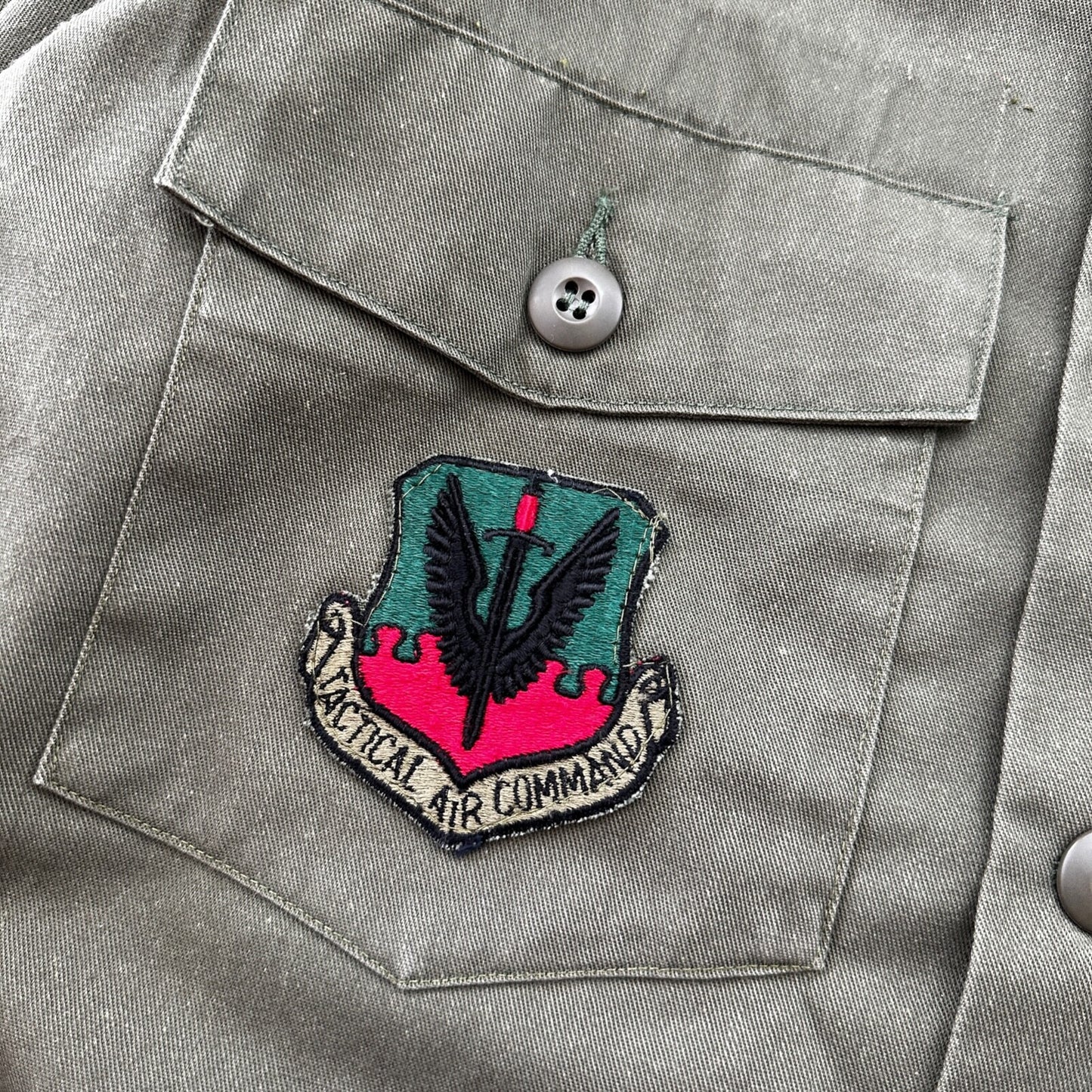 VTG US Military Shirt Mens 15.5 Green OG 507 Utility Patches Jacket 1980 USAF