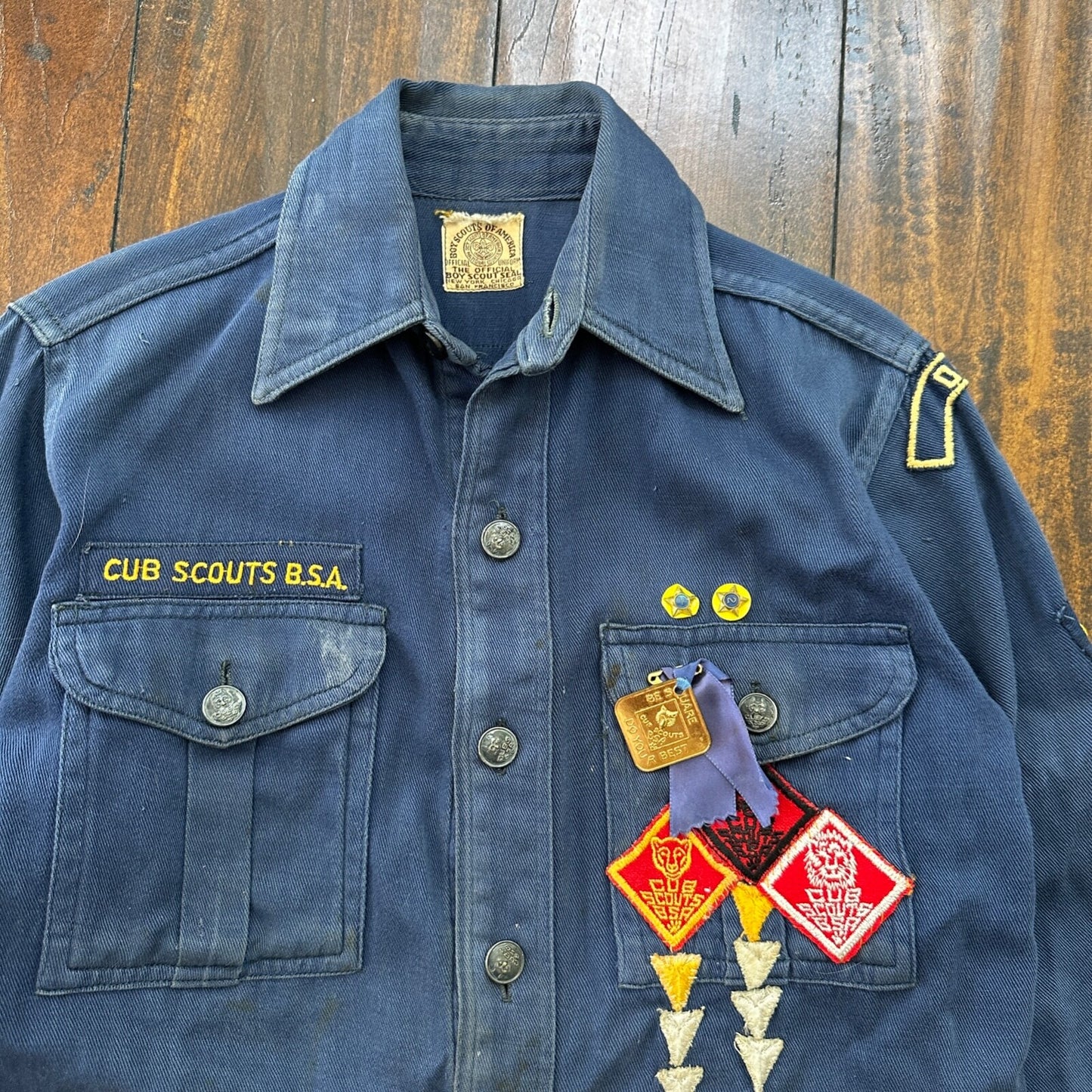 Vintage 60s BSA Boy Scouts Cub Shirt Blue Button Up Uniform Flawed Pins