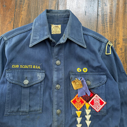 Vintage 60s BSA Boy Scouts Cub Shirt Blue Button Up Uniform Flawed Pins