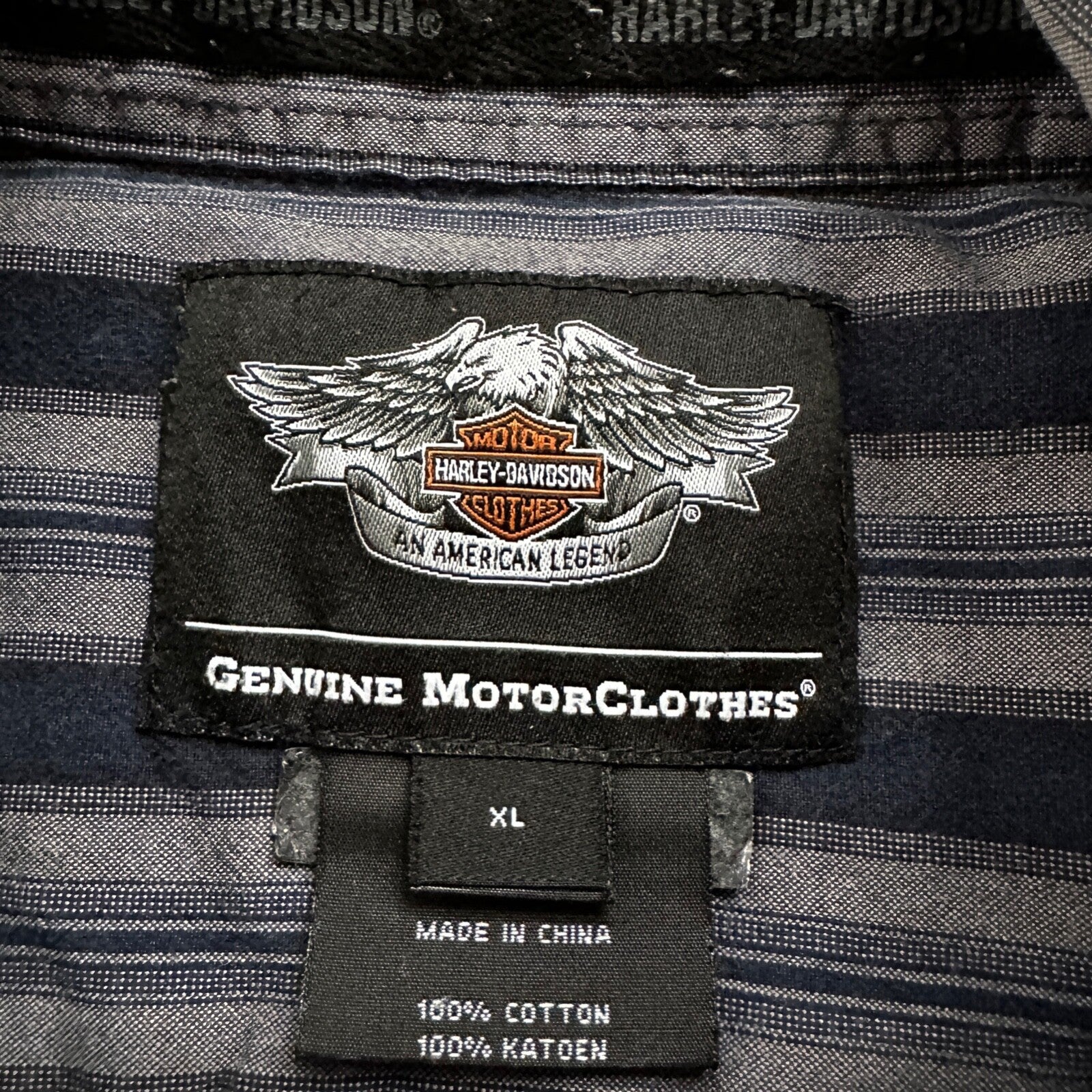 Harley Davidson Shirt Button Up XL Short Sleeve VTG Embroidery Striped Blue