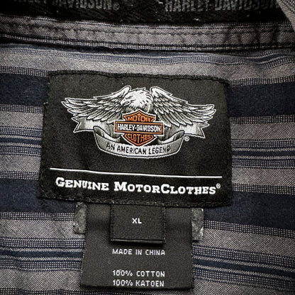 Harley Davidson Shirt Button Up XL Short Sleeve VTG Embroidery Striped Blue