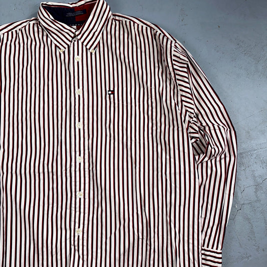 Tommy Hilfiger Vintage Mens XL Red Blue Striped Long Sleeve Button Down Shirt