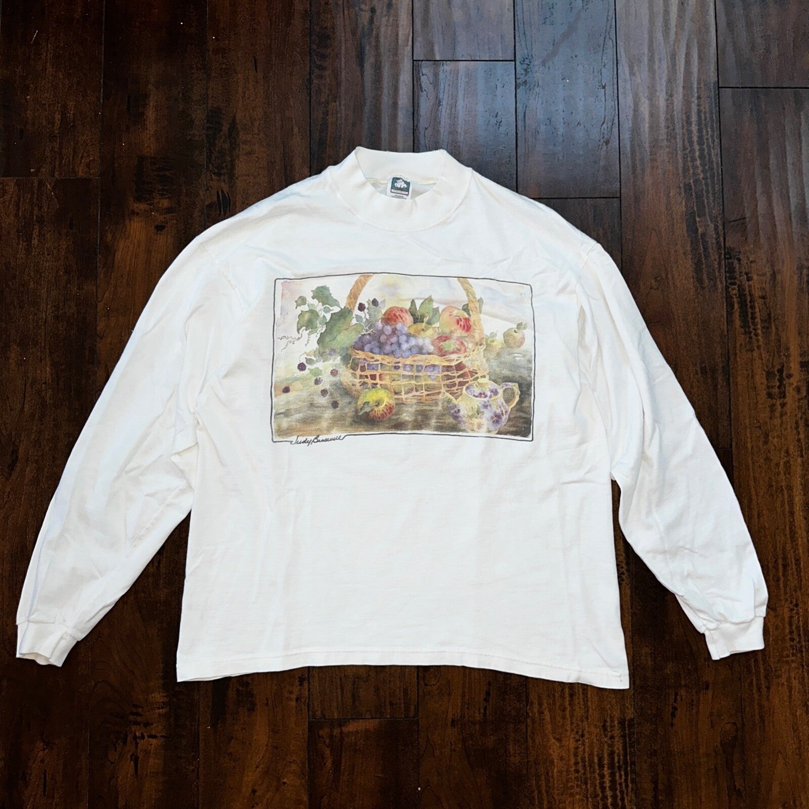 Fruit Basket Art VTG T Shirt Judy 90s Apple Grapes Teapot Elegant Pop Music L