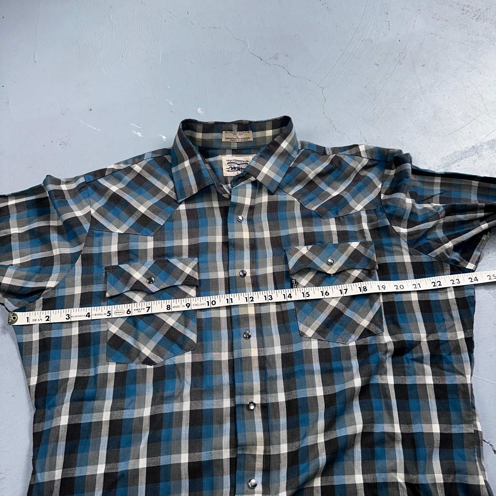 Levis VTG 1980s Pearl Snap Button Shirt Mens L Plaid 80s Cowboy Shirt Korea LS