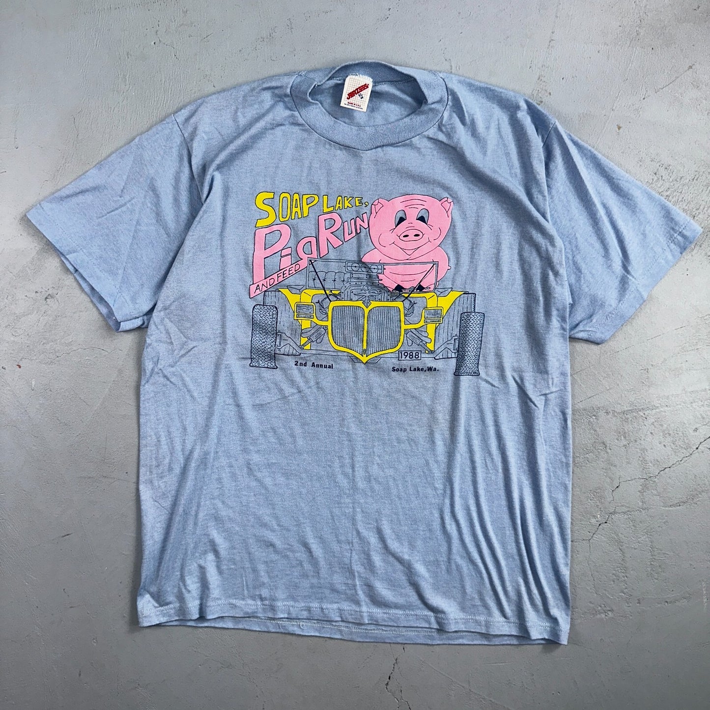 Pig Run and Feed 80s VTG T Shirt 1988 Cute Fun Graphic Racing Cars Soap Lake WA