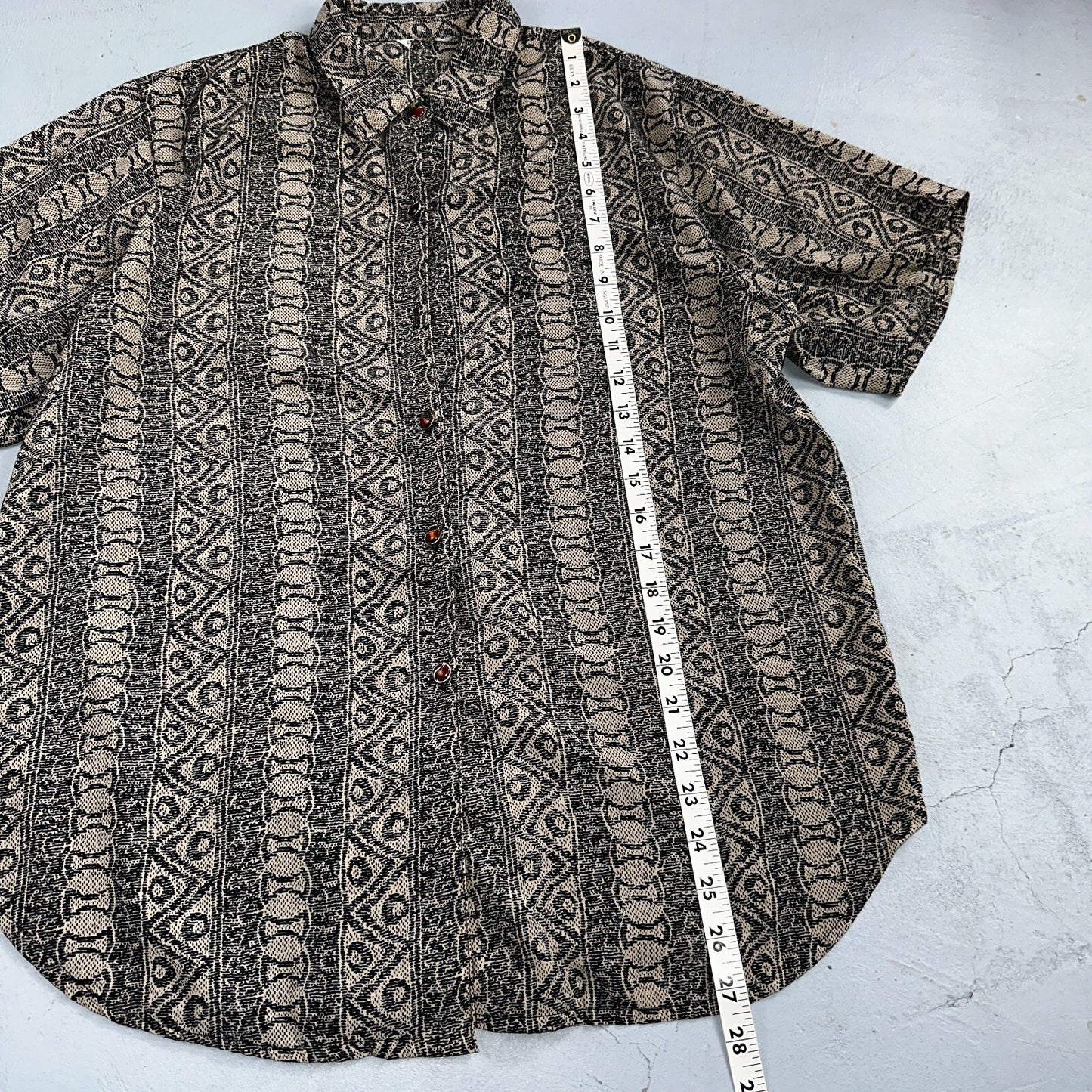 Hawaiian Regular Fit Shirt Men L Gray Geometric Tribal Button Up 80s VTG