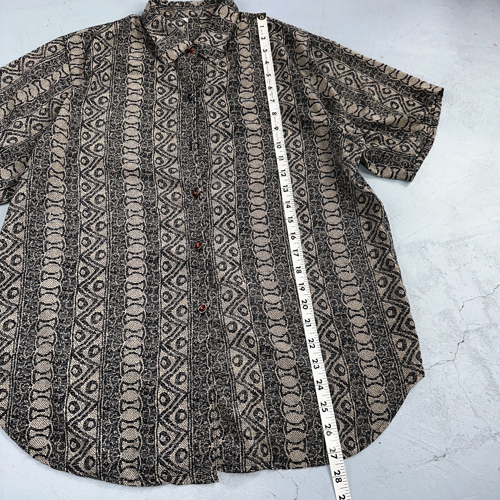 Hawaiian Regular Fit Shirt Men L Gray Geometric Tribal Button Up 80s VTG